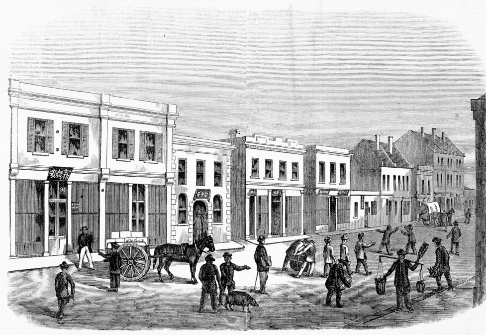 Historic view along Little Bourke Street in Melbourne Chinatown in 1863